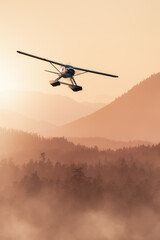 Fototapeta na wymiar Seaplane Flying over the West Coast Pacific Ocean. Adventure Composite. 3D Rendering Airplane. Background Image from Tofino, Vancouver Island, British Columbia, Canada. Dramatic Sunset