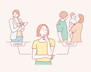 Woman choosing between family or parent responsibilities and career or professional success. Hand drawn style vector design illustrations.
