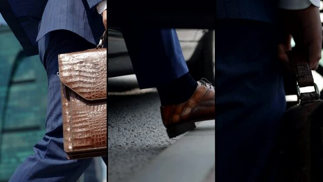 successful businessman in city, details of accessories of rich man, expensive leather bag and shoes