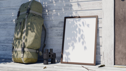 Photo Frame mockup with backpack, 3d rendering