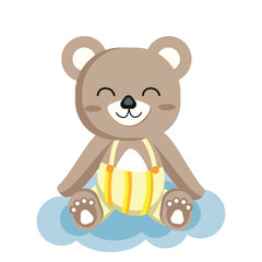 Brown bear on a cloud in striped pants. Drawing for small children