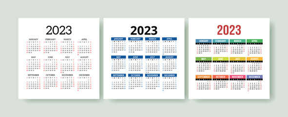 Calendar 2023 year set. Vector square template collection. Ready design. January, February, March, April, May, June, July, August, September, October, November, December