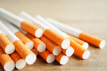 Cigarette, roll tobacco in paper with filter tube, No smoking concept.