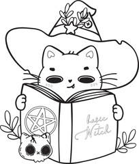 cute Halloween magic witch cat cartoon outline doodle vector for colouring book