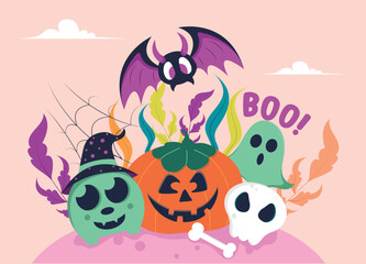 Happy Halloween flat element vector template. Kids in spider, ghost, skull, pumpkin, bat and witch boo illustration with typography.