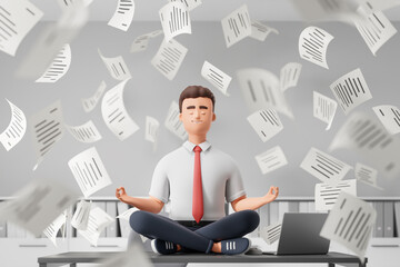 Cartoon character businessman seat on table at white office lotus pose relaxing meditate with falling papers deadline stress situation. - obrazy, fototapety, plakaty