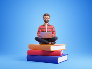 Happy cartoon character bearded student red shirt lotus yoga pose notebook seat at books stack over blue background.