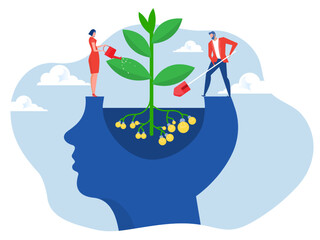 businesswoman watering plants from the brain  put think growth mindset self-improvement and self-improvement ideas  concept vector - obrazy, fototapety, plakaty