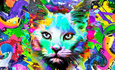 Foto auf Glas abstract colorful cat muzzle illustration, graphic design concept color art © reznik_val