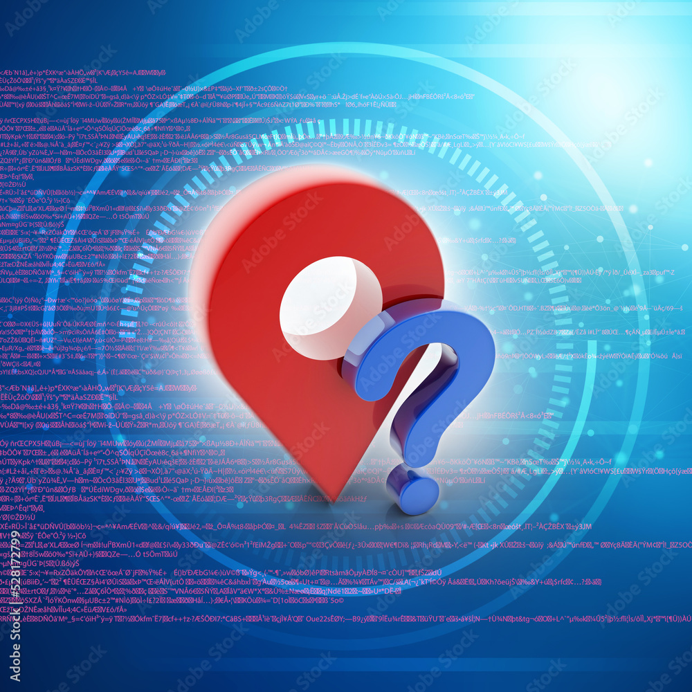 Fototapete 3d rendering Red map pointer with question mark