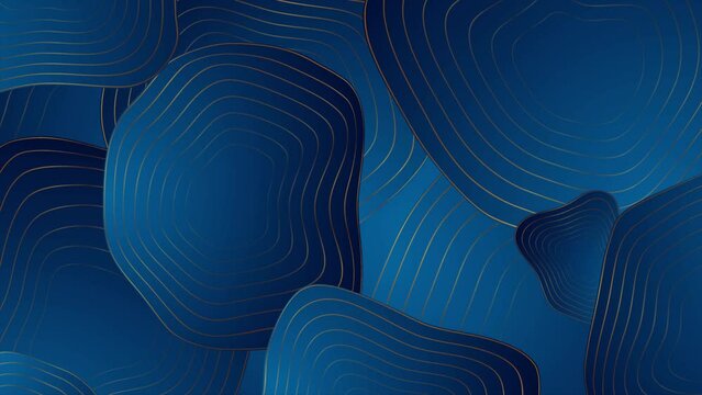 Blue wavy curved circles with golden lines abstract background. Seamless looping art deco motion design. Video animation Ultra HD 4K 3840x2160