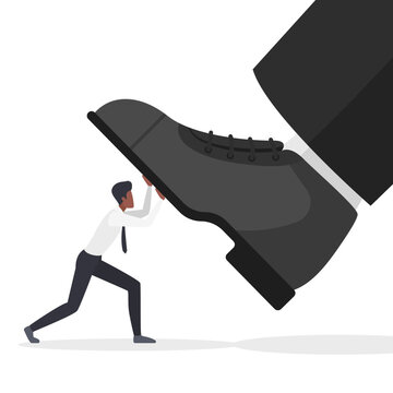 Abuse and attack of giant foot to businessman vector illustration. Cartoon tiny entrepreneur character fighting with strong pressure of boss power, business authority. Punishment, slavery concept