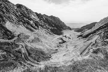 Transfagarasan road crossing the Fagaras Carpathian Mountains in Transylvania, Romania; winding road at high altitude in the mountains