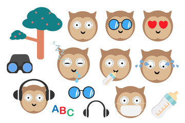 Cute collection of bright owls isolated on white background.