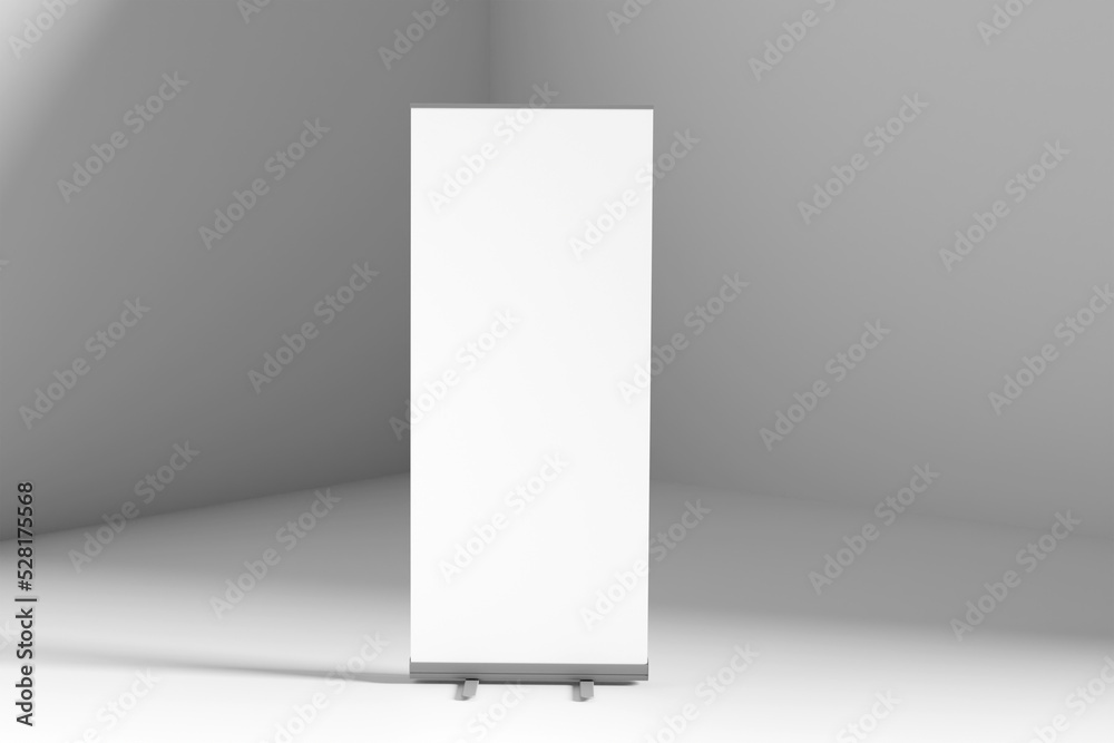 Canvas Prints blank white roll-up banner display mockup on gray background, isolated, 3d rendering. ready to prese