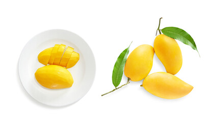 ripe mango fruit peeled ripe mango Sliced on a white plate on a white background.