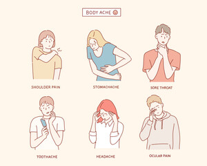 Characters Showing Various Pain Types. Hand drawn style vector design illustrations.