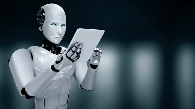 Futuristic robot artificial intelligence huminoid AI programming coding technology development and machine learning concept. Robotic bionic science research for future of human life. 3D rendering.