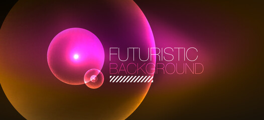 Shiny neon geometric abstract background. Glowing lights on round shapes, triangles and circles. Wallpaper for concept of AI technology, blockchain, communication, 5G, science, business
