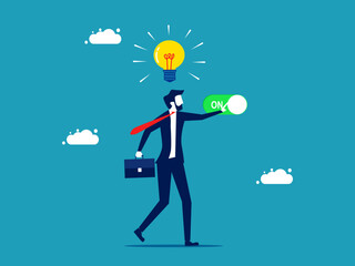 Initiate the idea. businessman turns on a thought light bulb on head. vector illustration
