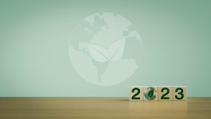 2023 Happy New year background banner. Two thousand Twenty-Three year numbers on wooden cube blocks...