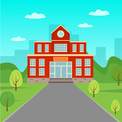 school building with city landscape. illustration in flat style