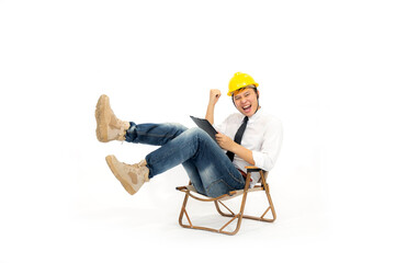 Full length photo of attractive crazy business man or engineering man sitting and holding document file,happy high supporting stock market up wear striped t-shirt jeans shoes isolated on white.