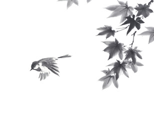 紅葉の葉から飛び立つシジュウカラ　水墨画　