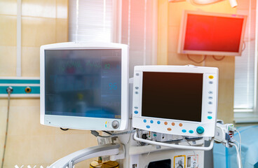 Hospital device with monitor. Monitoring medical healthcare system.