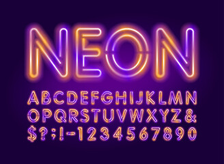 Neon alphabet font. Two neon colors letters and numbers. Stock vector typescript for your design.