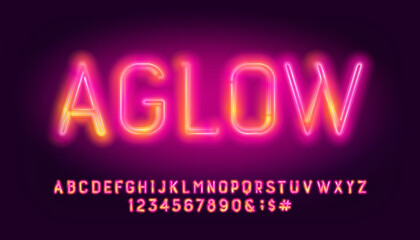 Aglow alphabet font. Two neon colors letters and numbers. Stock vector typescript for your design.