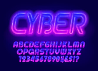 Cyber alphabet font. Two neon colors letters and numbers. Stock vector typeface for your design.
