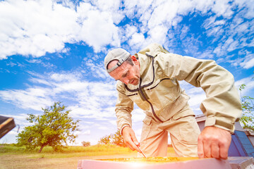 Beekeeper in protective unifrom working with honeycombs. Summer bee apiary concept.