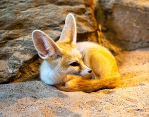 Fennec fox (Vulpes zerda) is resting but staying alert