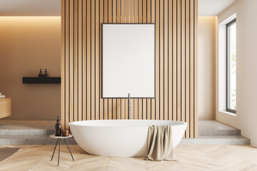 Fototapeta na wymiar Light bathroom interior with tub, accessories and panoramic window. Mock up frame