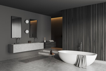 Fototapeta na wymiar Grey bathroom interior with sink and tub, accessories on shelf. Empty wall