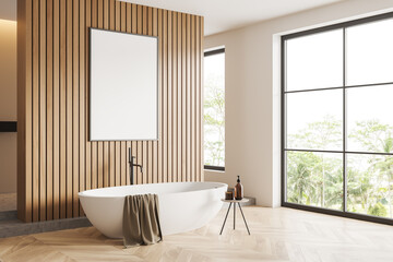 Corner view on bright bathroom interior with empty white poster