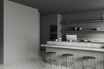 Grey cafe interior with countertop and pc computer, kitchenware. Mockup wall