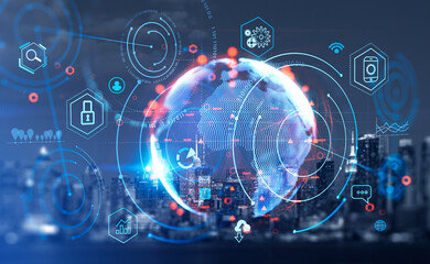 New York cityscape, earth sphere and digital icons, global connection