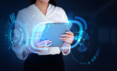 Businesswoman with device in hands, digital hologram with global connection