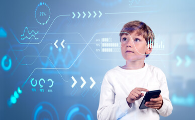 Boy kid using phone, metaverse and futuristic hologram with statistics