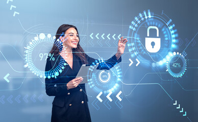 Businesswoman finger touch statistics with arrows and padlock hud