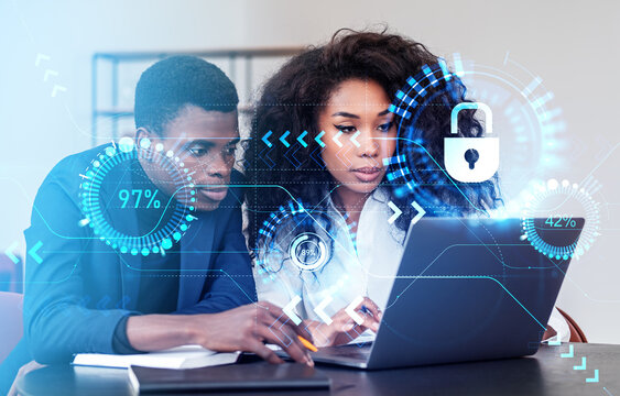 African business people using laptop, padlock hud and statistics with lines - Powered by Adobe