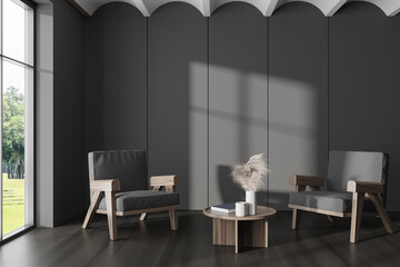 Grey meeting room interior with chairs, panoramic window and empty wall