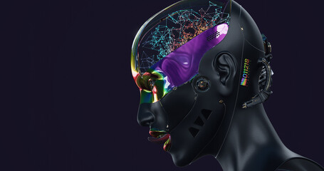 Female headshot, design of an artificial Cyber-girl closeup portrait, digital face with colorful brain neuro network detailed futuristic robot on dark background