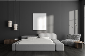 Front view on dark bedroom interior with empty white poster