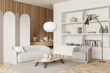 Light chill interior with couch and chair, shelf and drawer with decoration