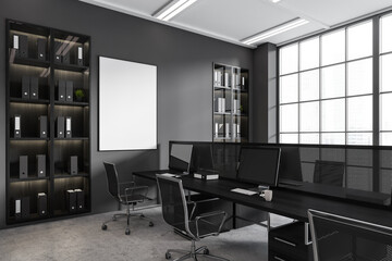 Grey office workplace interior with pc computer, panoramic window. Mockup frame