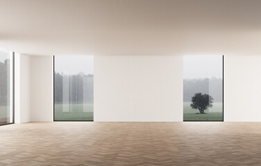 3d illustration empty space. Basic area without decoration. White walls with three windows overlooking the outside. Parquet floor. wide area
