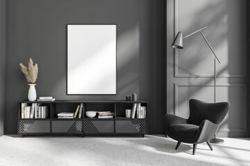 Grey relax room interior with chair and sideboard, mockup frame